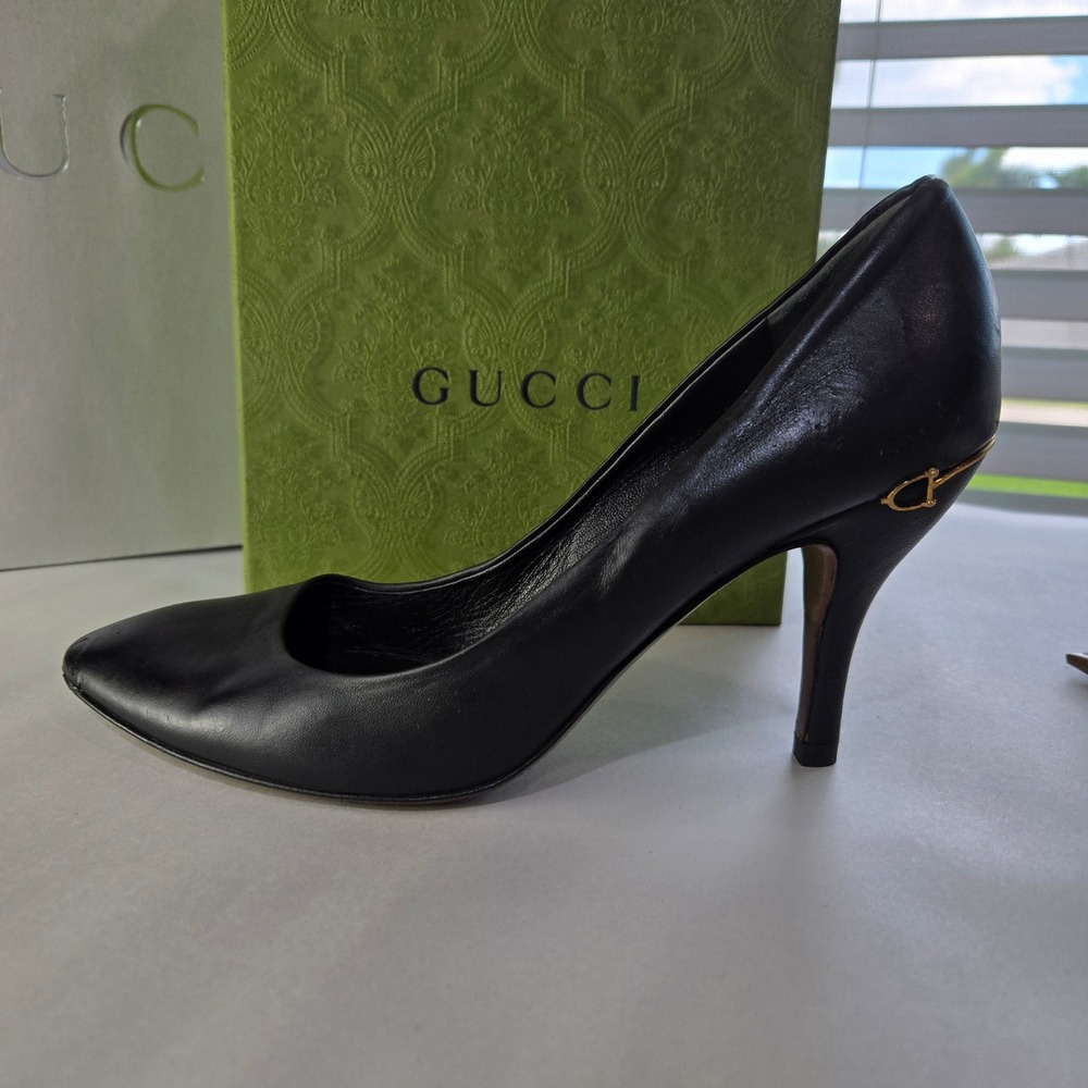 Gucci Size 9-9.5 Black Pumps 3.5 inch Heels Gold Horse bit Authentic w/COA #1037